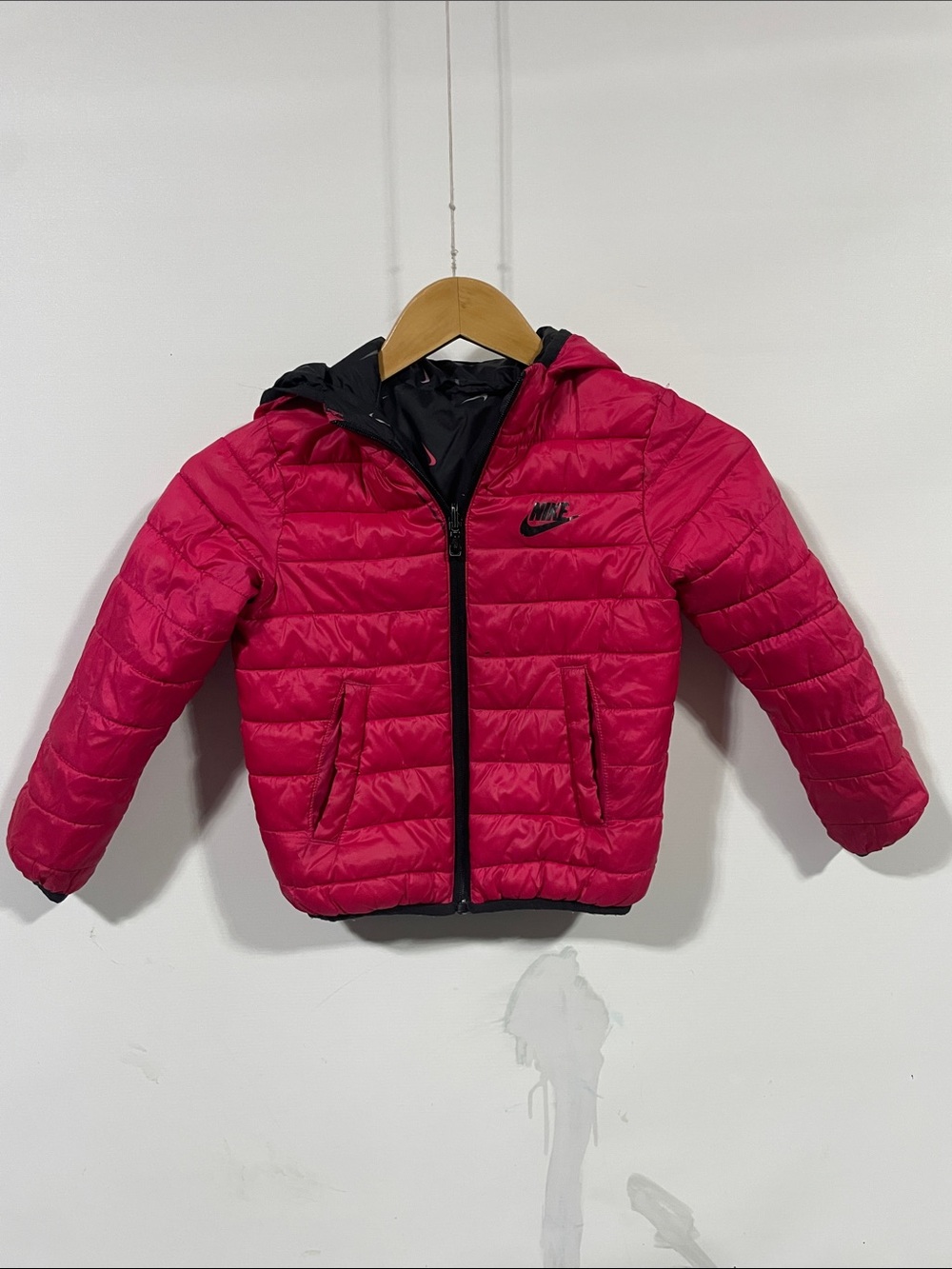 Nike Kids Hooded Puffer Jacket in Bright Pink with Black Trim